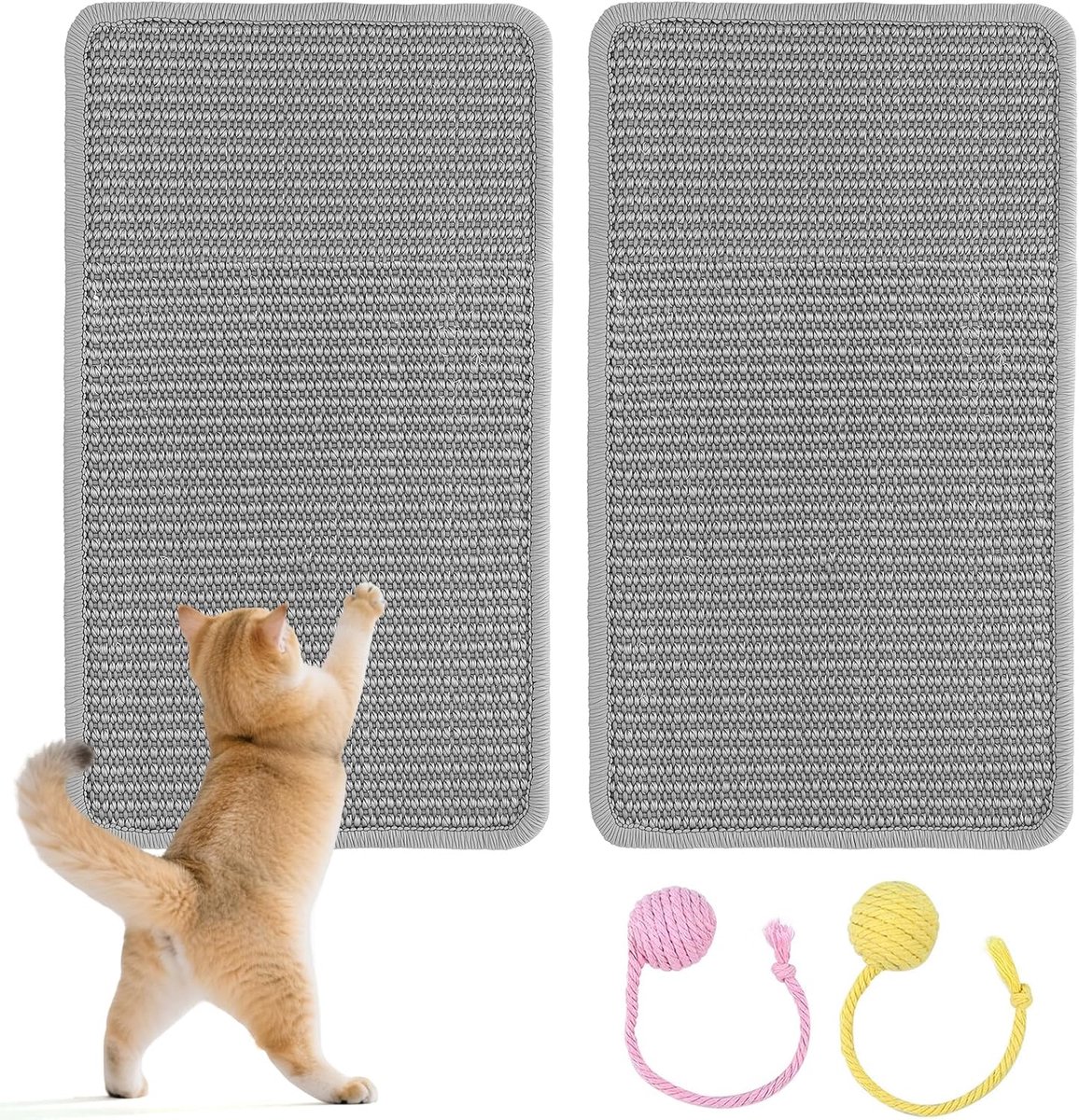 2-delig, 50x25 cm Sisal Kattenkrabmat Grijs met 2 stuks Sisal krabballen, Natuurlijke Kattenkrabplanken, Robuuste Kattenkrabplanken, Krasbescherming voor Bank, Meubels & Muur