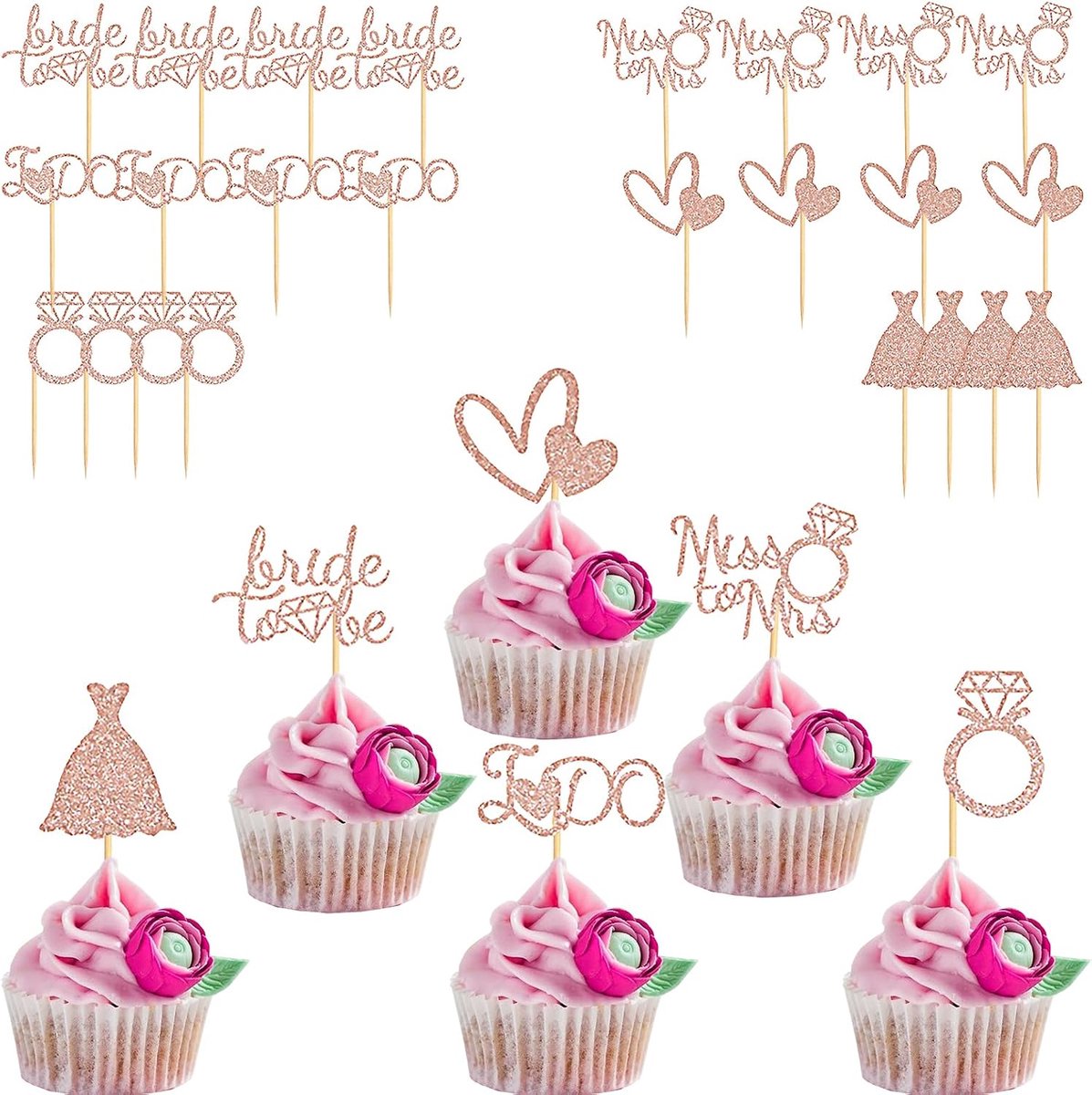 24 stuks glitter bruiloft cupcake topper voor bruid en bruidegom, bruidstaart topper voor bruidsdouche, bruiloft, bruiloft, dessert decoratie
