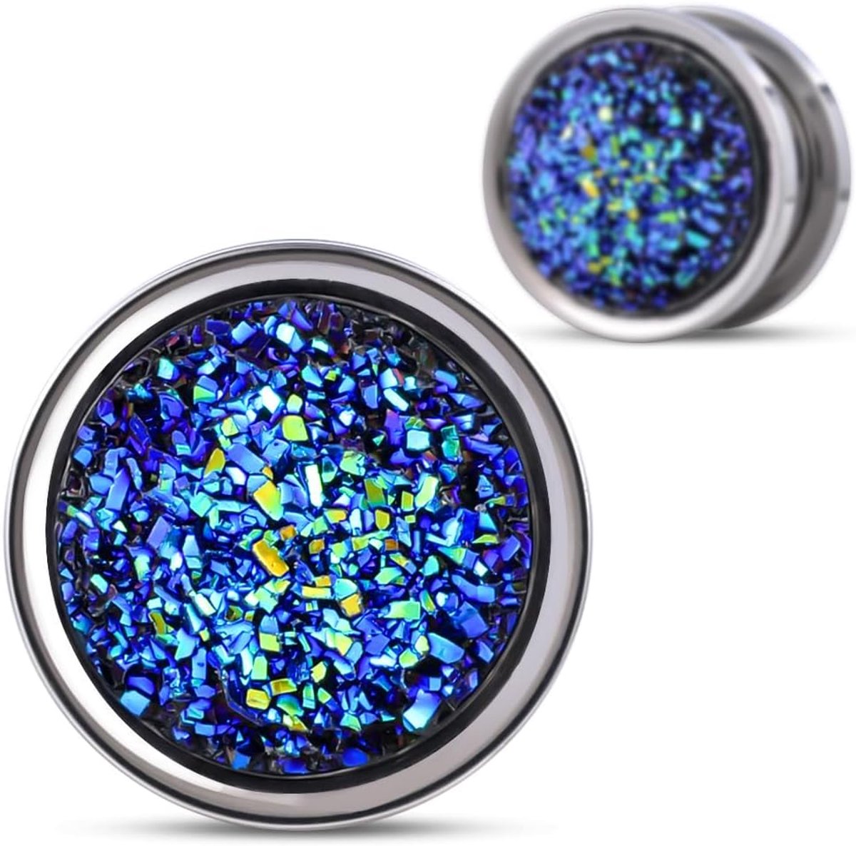 Schroef terug oortunnels, roestvrij staal blauwe kristallen pluggen piercing expander gauge oorbellen.