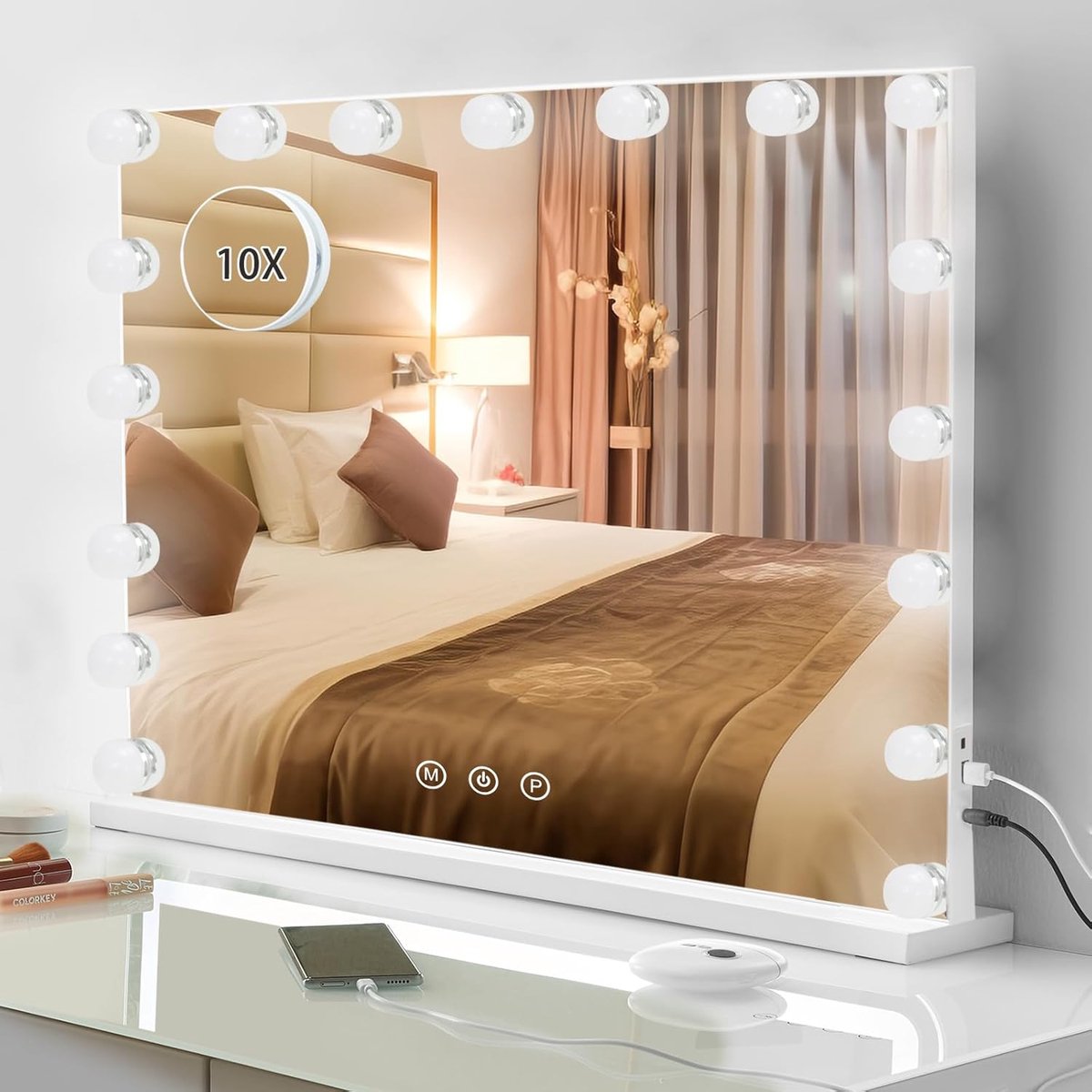 Spiegel 60x52 cm, Cosmetica Spiegel met 17 LED Lampen Dimbaar, 3 Verlichtingsmodi, Geheugenfunctie, Touch Control, USB en Type C Oplader, Wit