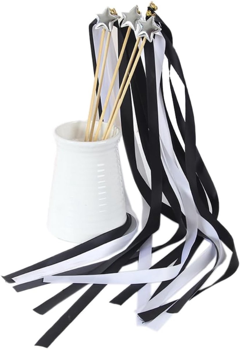 Trouwdecoratie 20 Stuks - Zwarte Houten Sticks - Sterren en Ribbons - Perfect voor Feestjes - SnelShoppen
