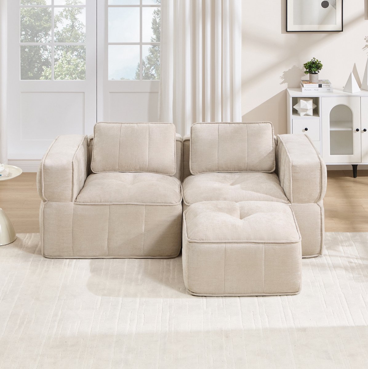STILVORA Hoekbank 198 x 162 x 67 cm - Modulaire 2-Zits Met Hocker En Diepe Zit - Voor Woonkamer En Appartement - Polyester - Beige