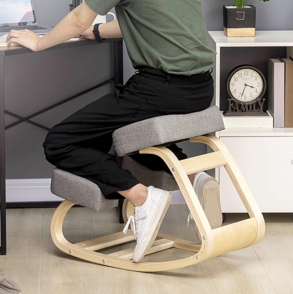 MODFU Kniestoel-Ergonomische Zitkruk-Grijs-Hout-120 Kg