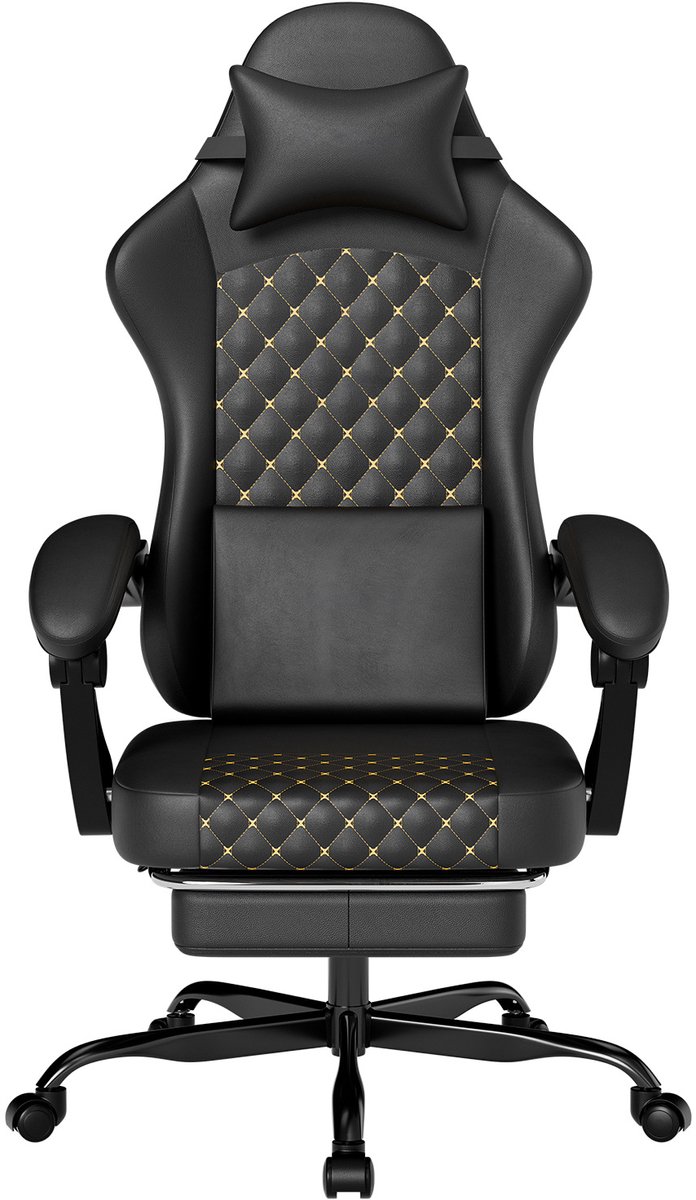 MODFU Gamingstoel – 120.5-130.5 x 63 x 58.5 cm – ergonomische bureaustoel met voetsteun, hoofdsteun & armleuningen, verstelbaar (90°-135°) – kunstleer – Zwart