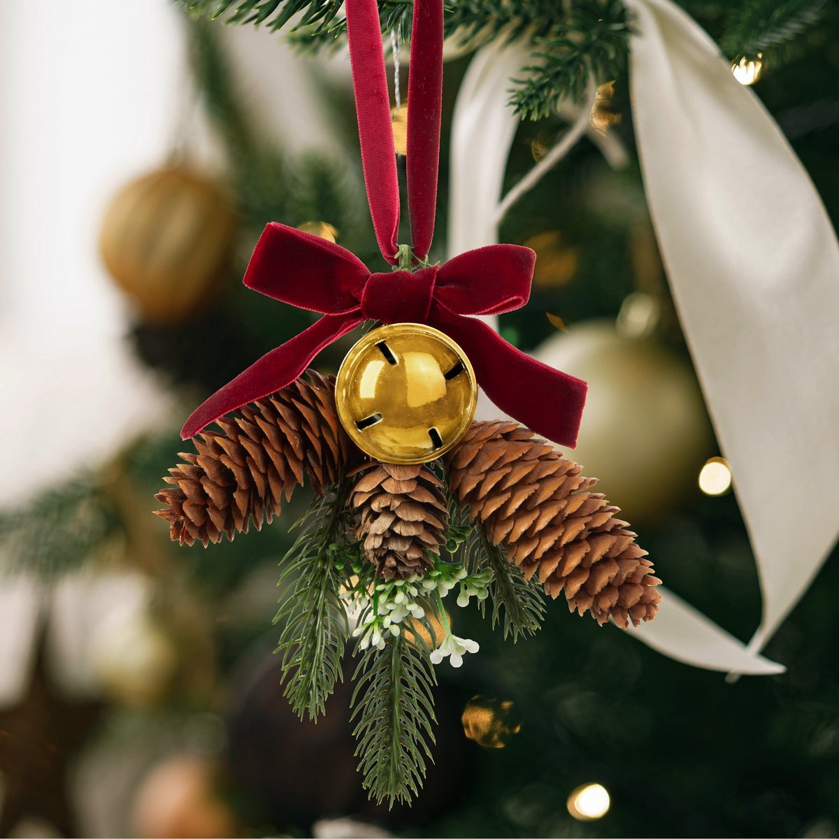 Kerstdeurdecoratie - kunstden, met dennenappel, gouden bel - 16 x 15 cm 1 Stuks [58554A]