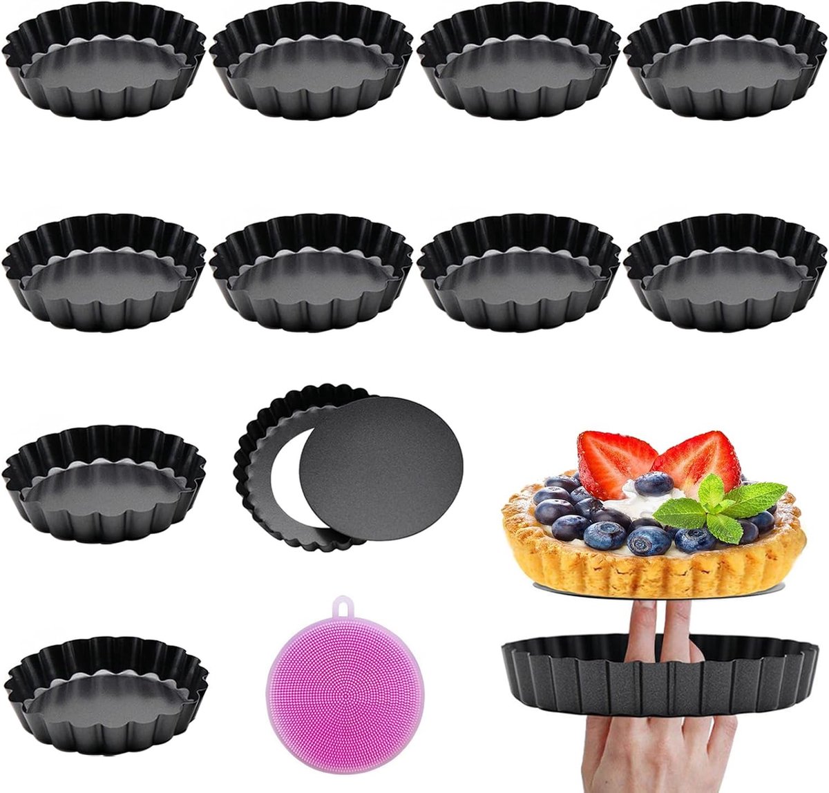 Taartvormen set van 12 - 10 cm - koolstofstaal - met afneembare bodem - ShopVlot