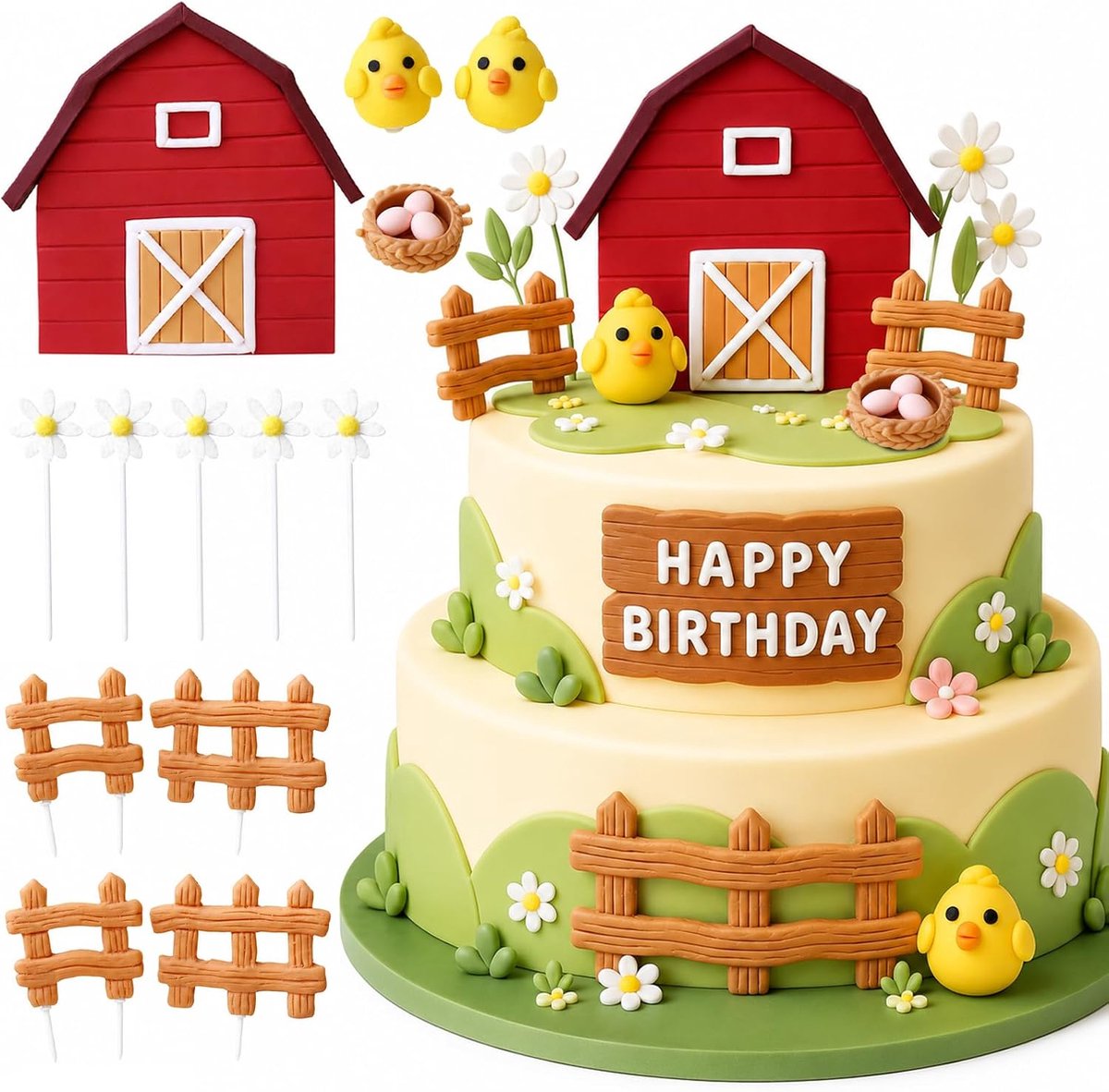 Kuikendecoratie boerderijtaart - 13 stuks - 3D ornamenten - feestelijke taartdecoratie voor kinderverjaardagen - ShopVlot