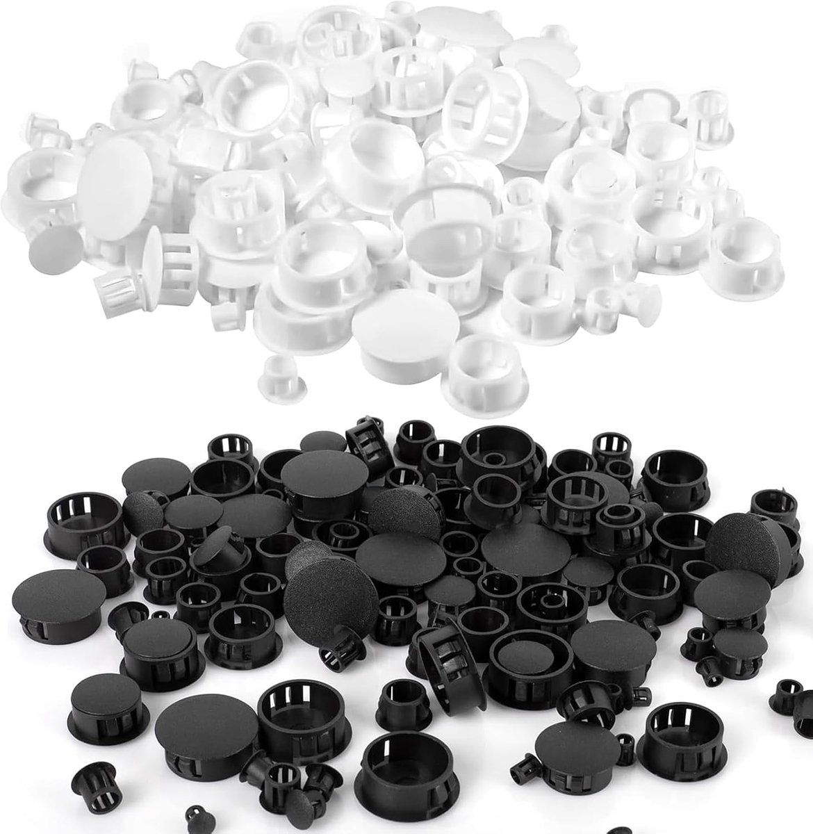 Plastic schroefdoppen set van 160 - Diverse maten zwart en wit - Geluidsreductie en anti-vibratie - ShopVlot