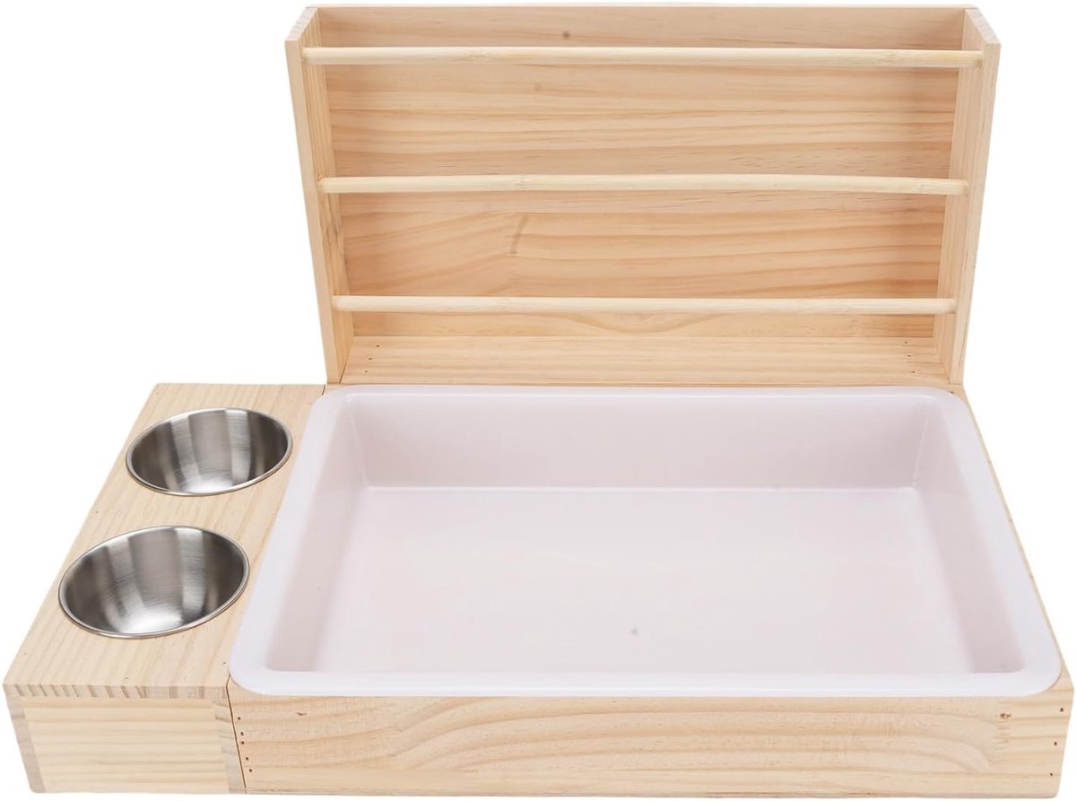 SnelShoppen - Houten Hooi Rack 3-in-1 met Kattenbak en 2 Rvs Voerbakken, Anti-Tip Voederstation voor Konijn, Cavia, Chinchilla, 36.5x27x6.5cm, Ruim Ho