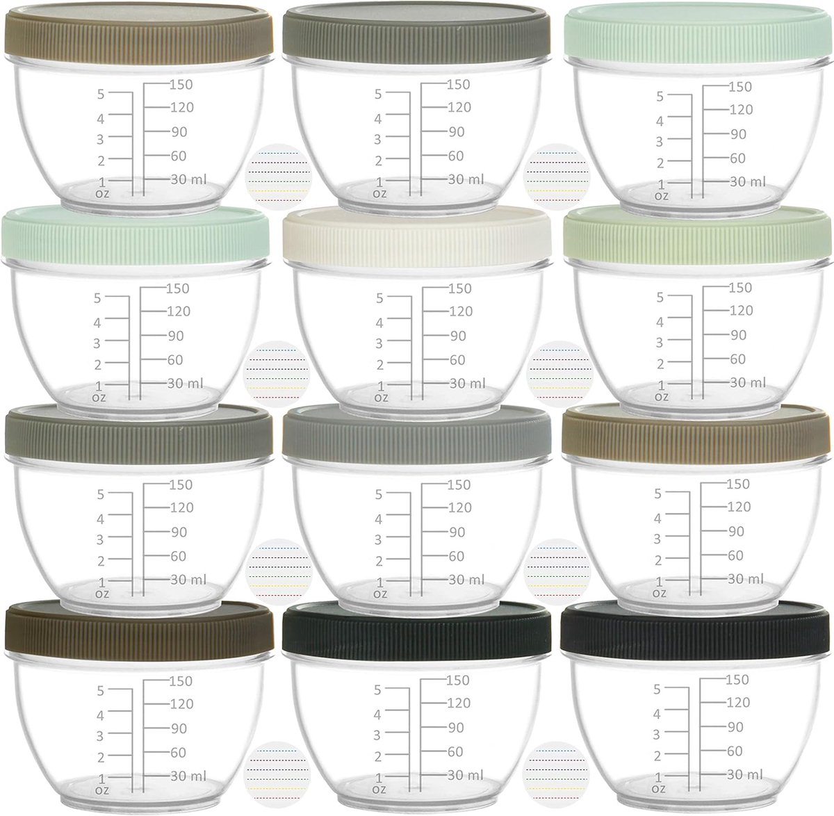 Babyvoeding containers 180ml - 18 stuks urban kleuren - herbruikbaar met labels - veilig voor magnetron en vriezer - ShopVlot