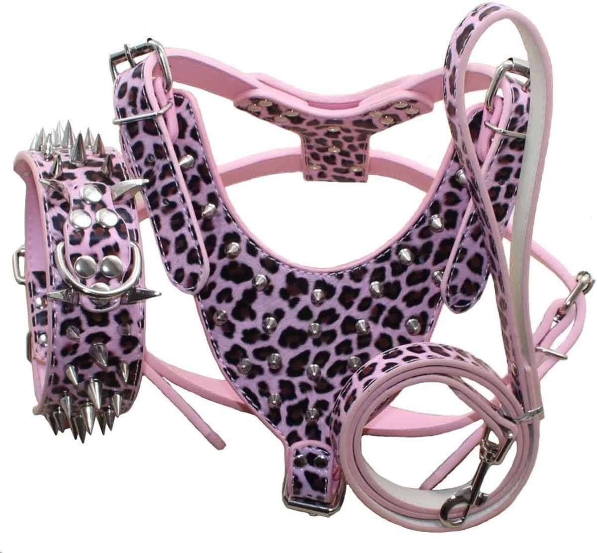 Halsbanden en harnassen set voor honden M - roze luipaard PU leer - gestyled met spikes - comfortabel wandelen - ShopVlot