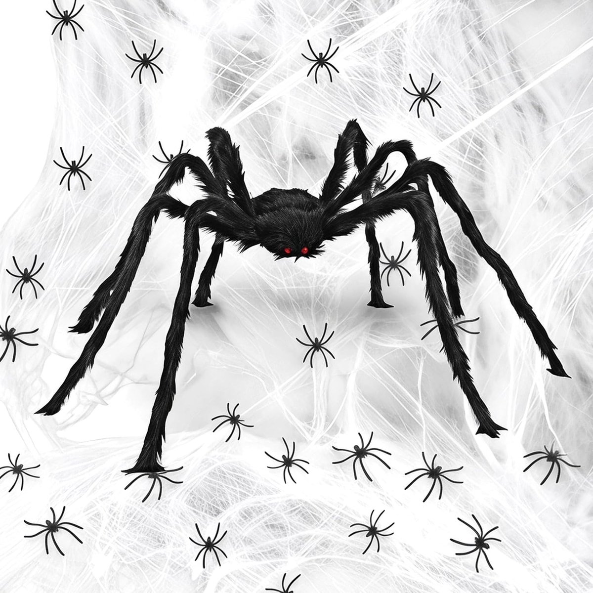 Halloween decoratieset met grote spin - 1,5 m zwarte spin - 1000 g spinnenweb - griezelige sfeer voor buiten - ShopVlot