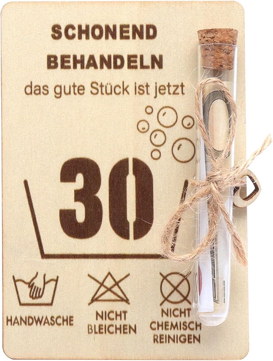 Houten verjaardagskaart 30 jaar - inclusief testbuisje en touw - origineel geldcadeau voor vrouw of man - ShopVlot