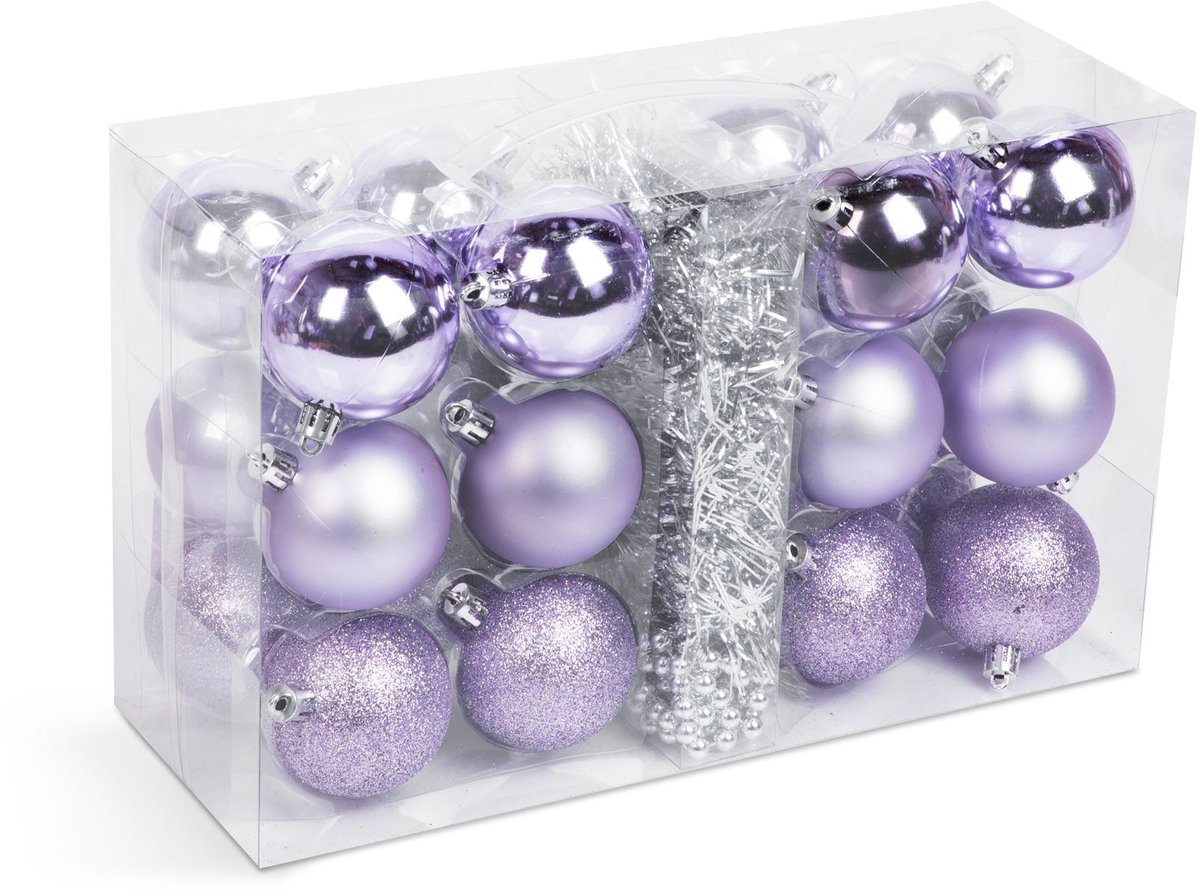 Kerstdecoratieset - Paars - 26-delig - 24 kerstballen (mat, glanzend, glitter) + 4 m slinger + 4 m parelketting - Ø2,5 x 5 cm - met zilveren hanger [58774D]