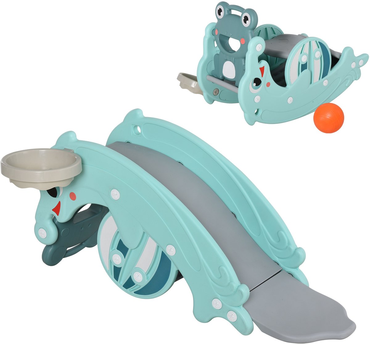 Kikkerpaard 3-in-1 - 72 x 34 x 47 cm - turquoise blauw - Glijbaan-basketbalmand - 18 tot 36 maanden
