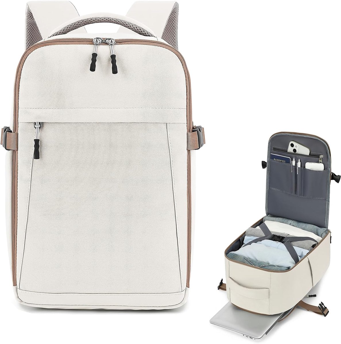 Reisrugzak 55x40x20cm - Beige - Laptopvak 14 inch - Ideaal voor cabin luggage - SnelShoppen