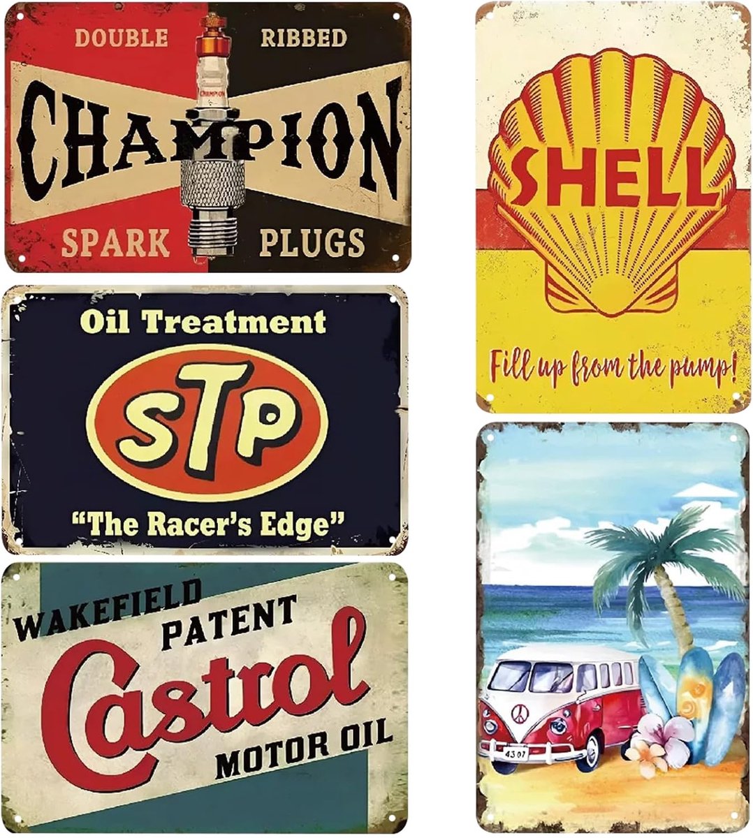 Retro garage decoratie - 5 stuks metalen borden - vintage uitstraling - ideaal voor werkplaats en woonkamer - SnelShoppen