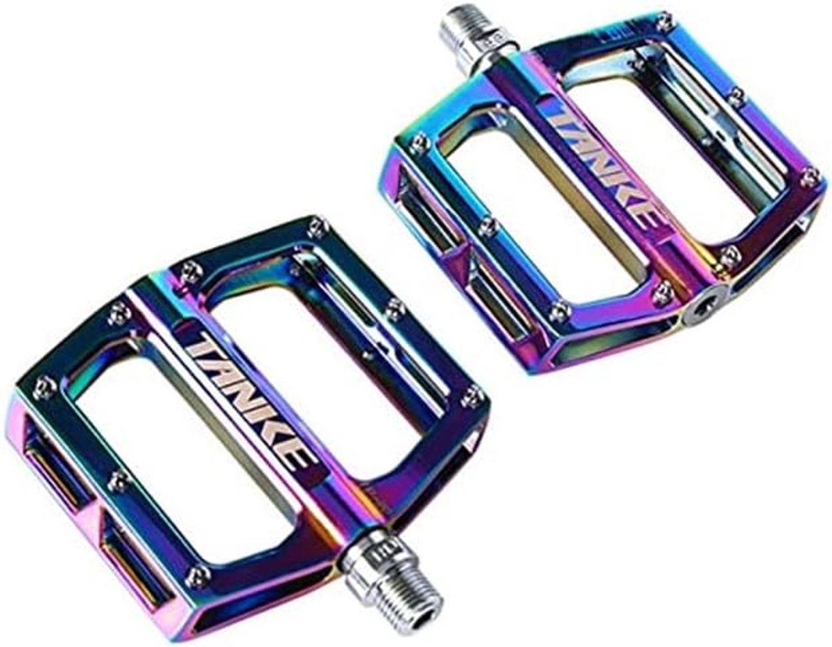 SnelShoppen - Oil Slick Mountain Bike Pedals MTB Flat - Aluminium Road Bike Compatible - Non-Slip BMX Folding Bike Parts - Rainbow Kleur - 350g