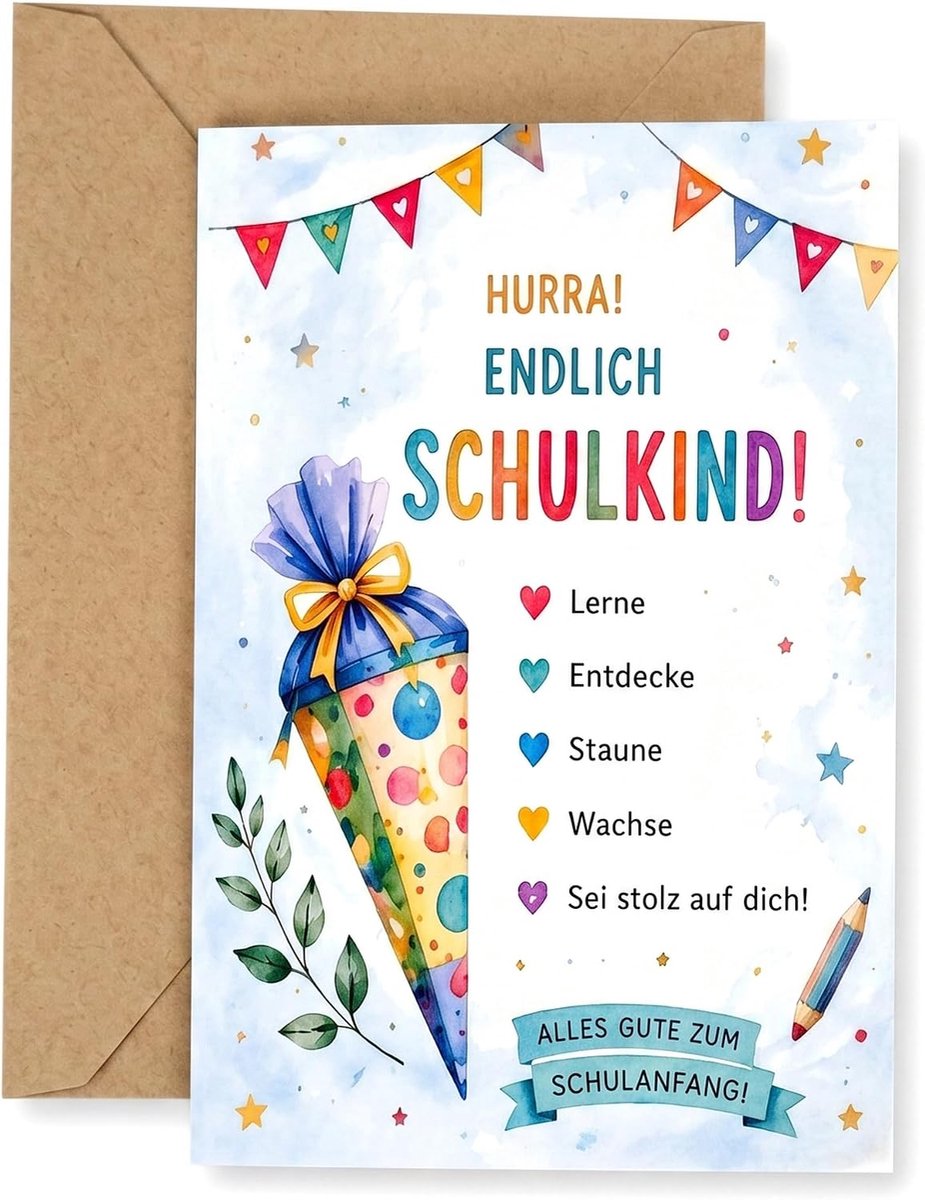 Felicitatiekaart schoolstart 2026 - met envelop - leuk ontwerp - voor eerste schooldag - SnelShoppen