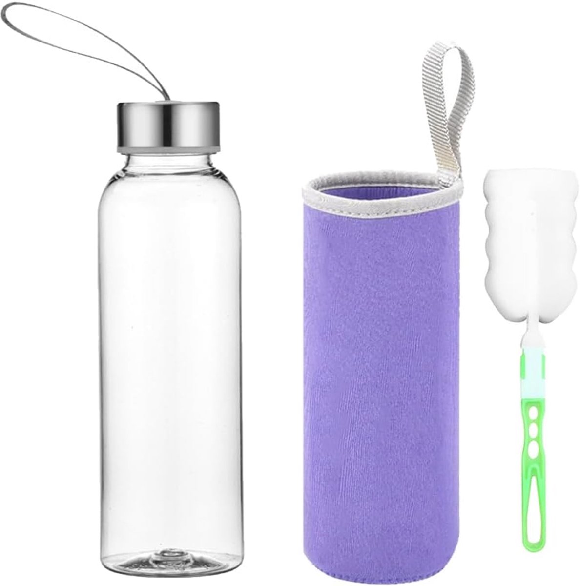 Glazen waterfles 1000 ml - paarse borosilicaatglas - nylon tas - ideaal voor sport en reizen - SnelShoppen