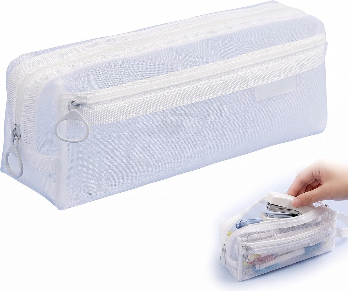 Pennenetui transparant 21 x 8 x 7,5 cm - netstof - dubbellaags - ideaal voor studenten - SnelShoppen