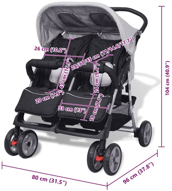 vidaXL - Tweelingwagen - staal - grijs - en - zwart van Vidaxl — afbeelding 2