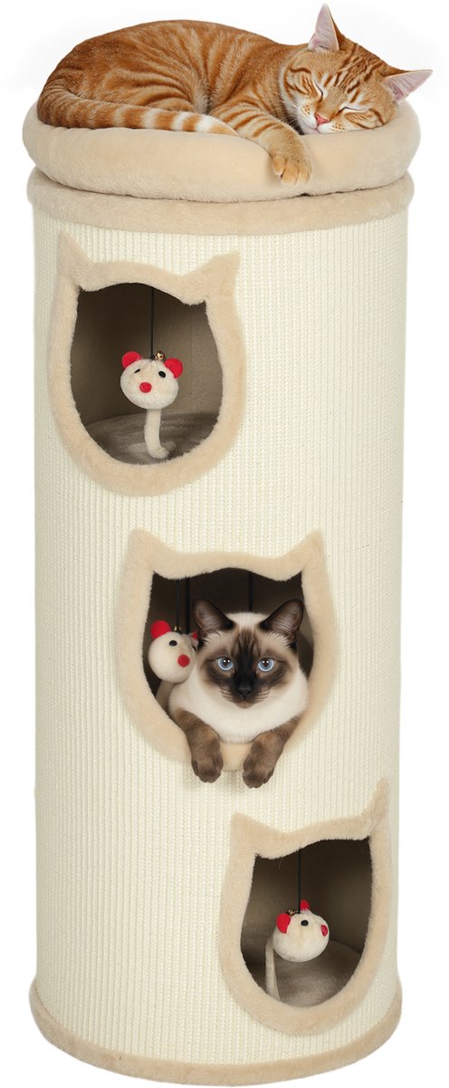 PawHut Kattentoren - Spaanplaat, MDF - 38x38x96cm - Crème