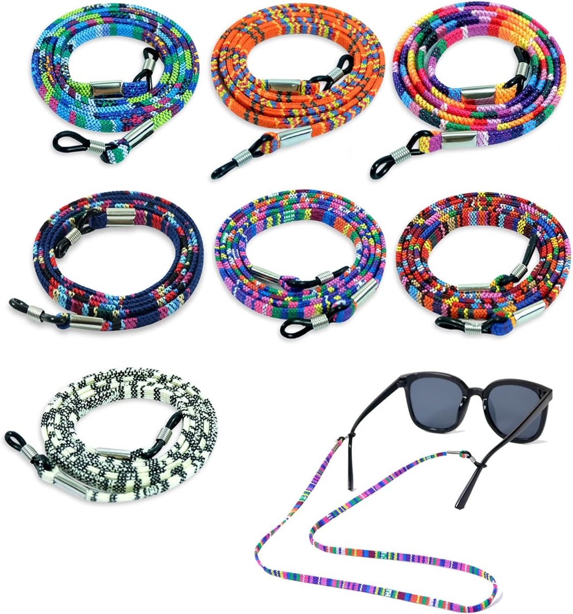 Thijox - Qufiiry Brillenband voor Dames, 7 Stuks, Kleurrijke Katoenen Brillenkettingen, Verstelbare Antislip Brilhouder van 70 cm voor Feest, Dagelijk