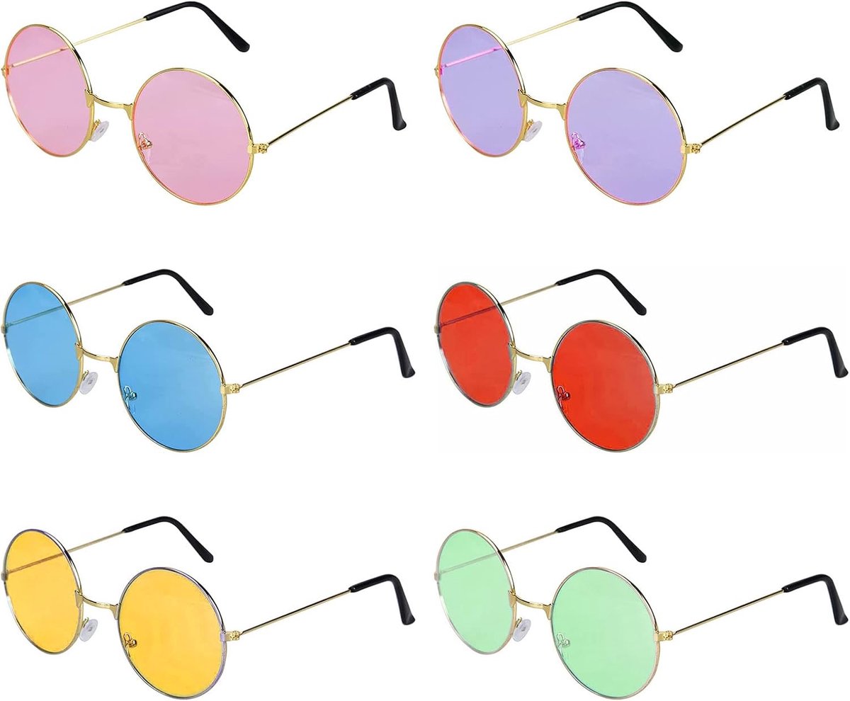 Brillen, partybrillen, set retro bril, vintage kleine bril, ronde hippie-zonnebril, vintage ronde bril, gekleurde glazen voor jaren 60, 70, party, kostuumaccessoires, kleurrijk