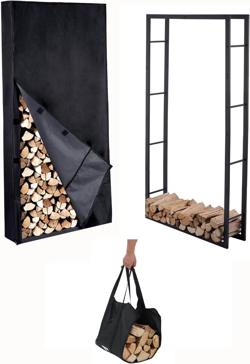 Houtopslagrek 100 x 25 x 196 cm - Metaal - Waterdichte beschermhoes - Geschikt voor binnen en buiten - SnelShoppen