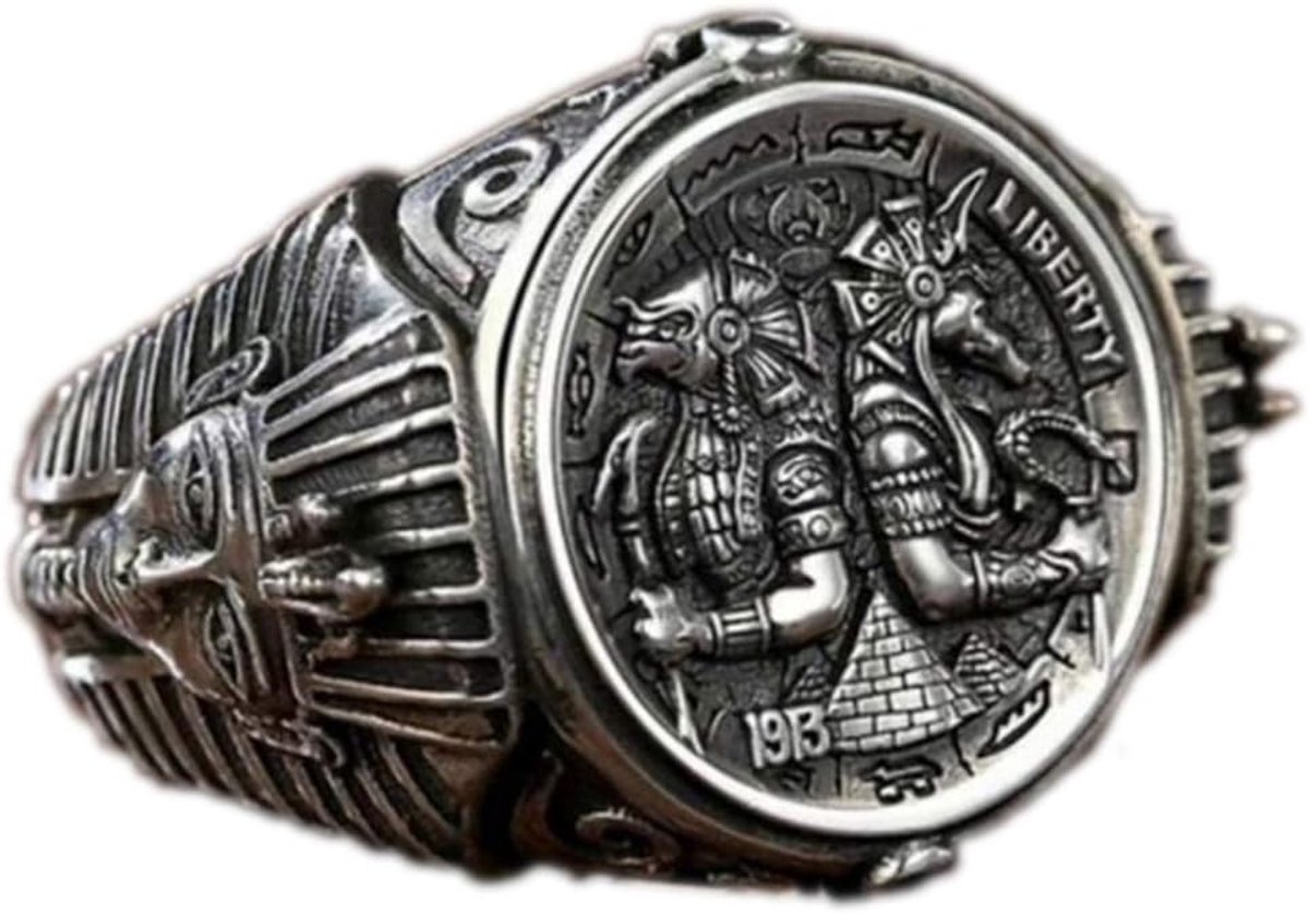 Stalen herenring, oude Egyptische farao piramide ring, beschermengel Anubis amulet ring, gegalvaniseerd zilver, 7-11