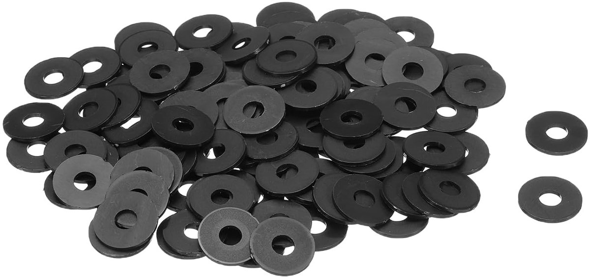 Platte sluitringen van nylon, M5, 5 mm, diameter 15 mm, dikte 1 mm, gladde sluitringen van kunststof, voor kunststof plaatafdichtingen, zwart, 120 stuks