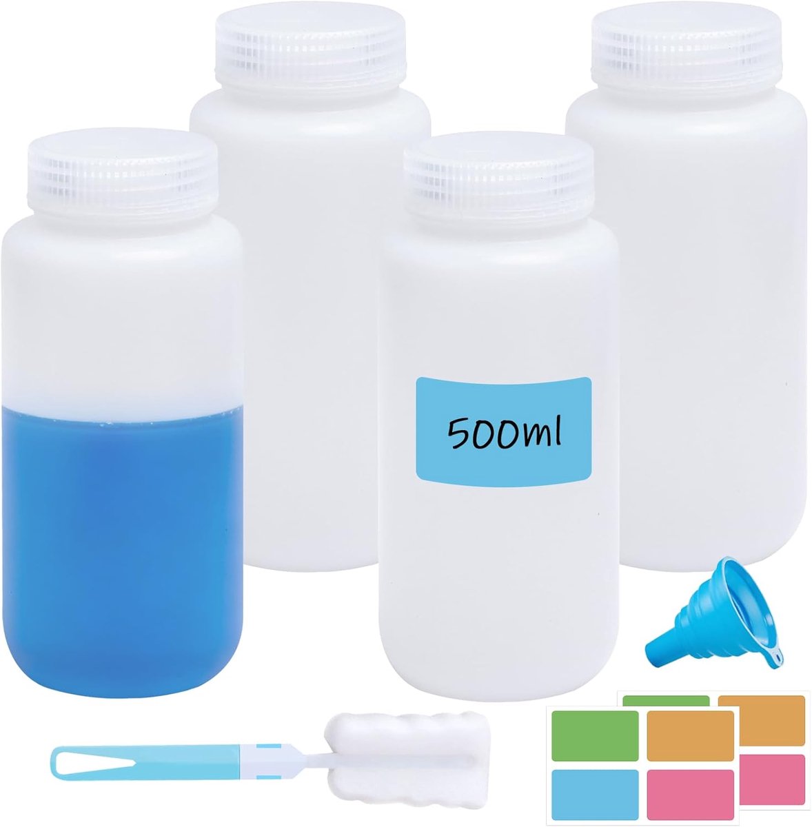 4 Stuks 500 ml Brede Halsfles, Laboratoriumreagensfles met Schroefdop Lekvrij Kunststof Monstercontainer met Trechter, Bekerborstel, voor Laboratorium, Pillenflesjes, Watermonsterflesjes