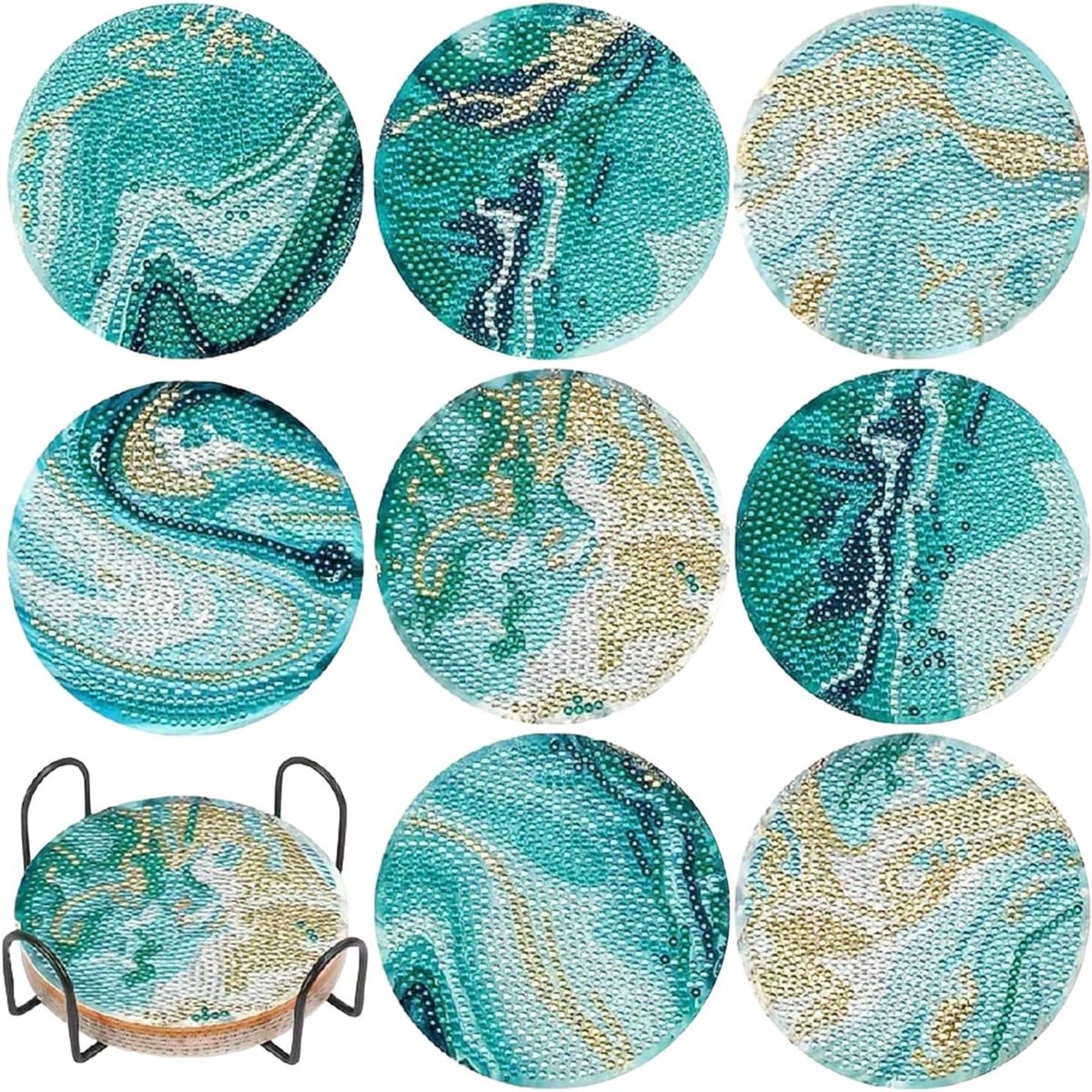 8 stuks Diamond Painting onderzetters set met houder, diamant oceaan schilderij bekeronderzetters met kurkbasis, antislip, herbruikbaar, knutselset, doe-het-zelf cadeau-idee (zeeleven wezen)