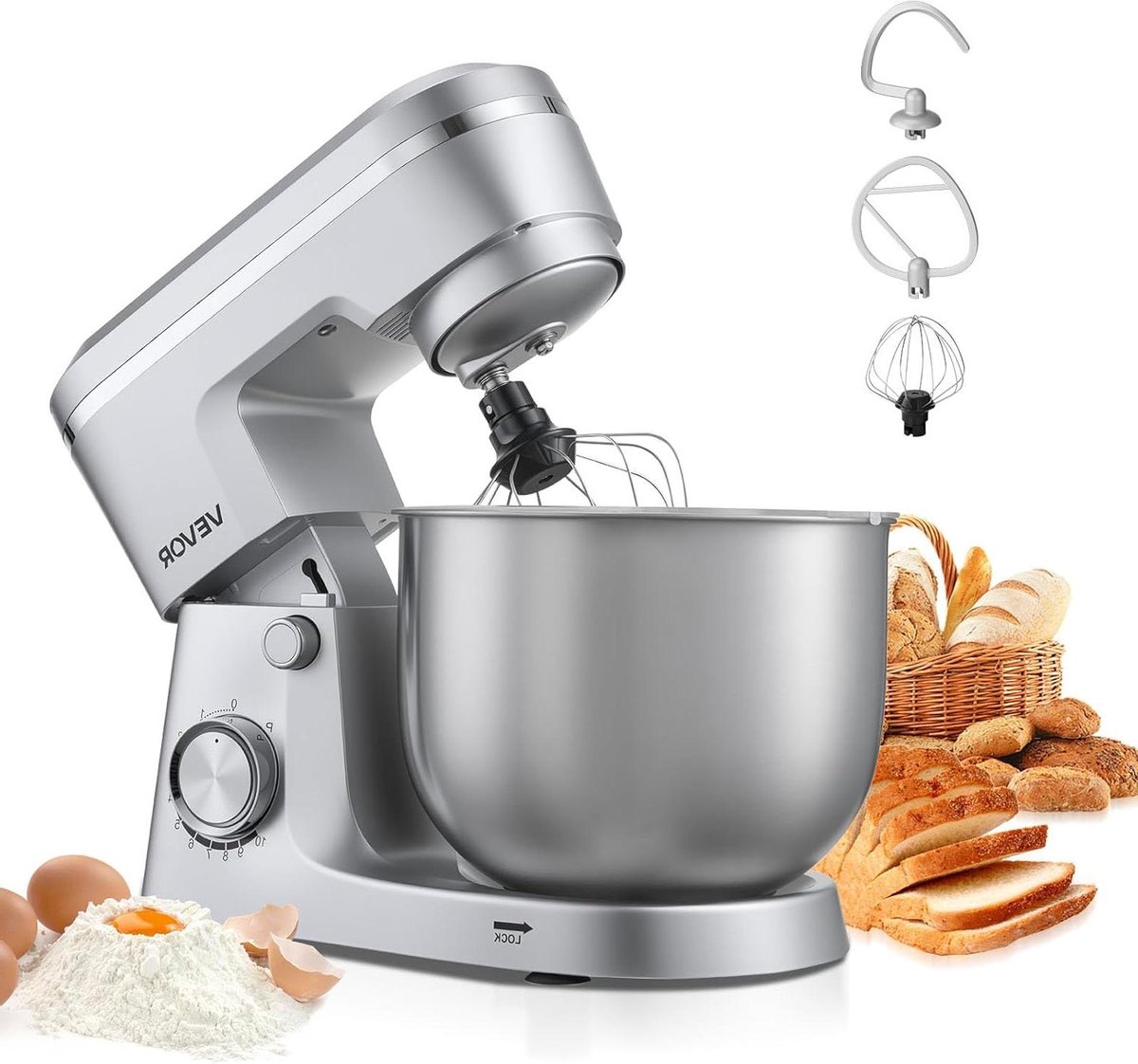 Keukenmachine - Bakmachine Mixer - Bakken Deeg Maken - 10 Snelheden - 5.7 Liter Kom - Zilver