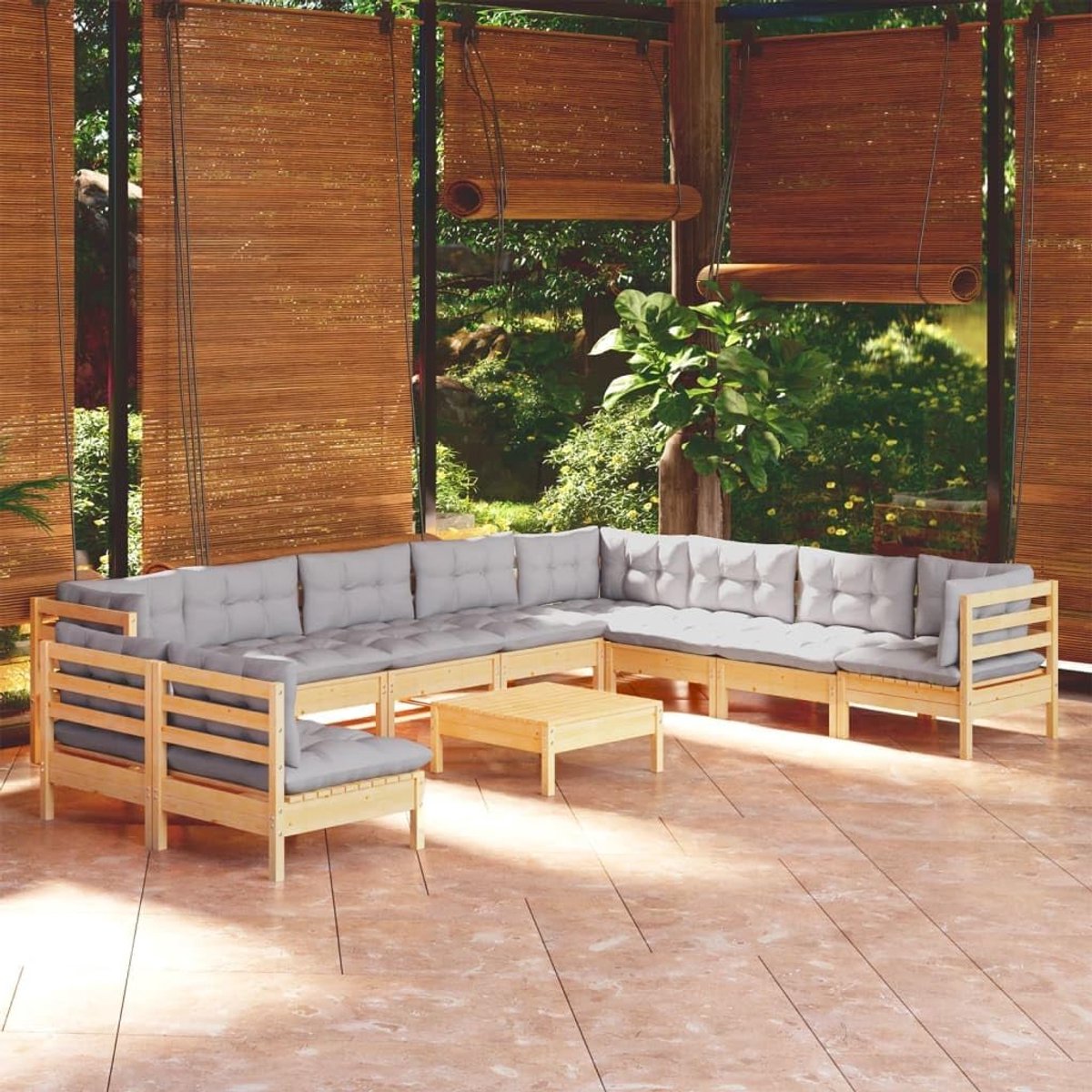 Tuinloungeset 11-delig - Massief grenenhout - Grijze kussens - Perfect om buiten te ontspannen - SnelShoppen