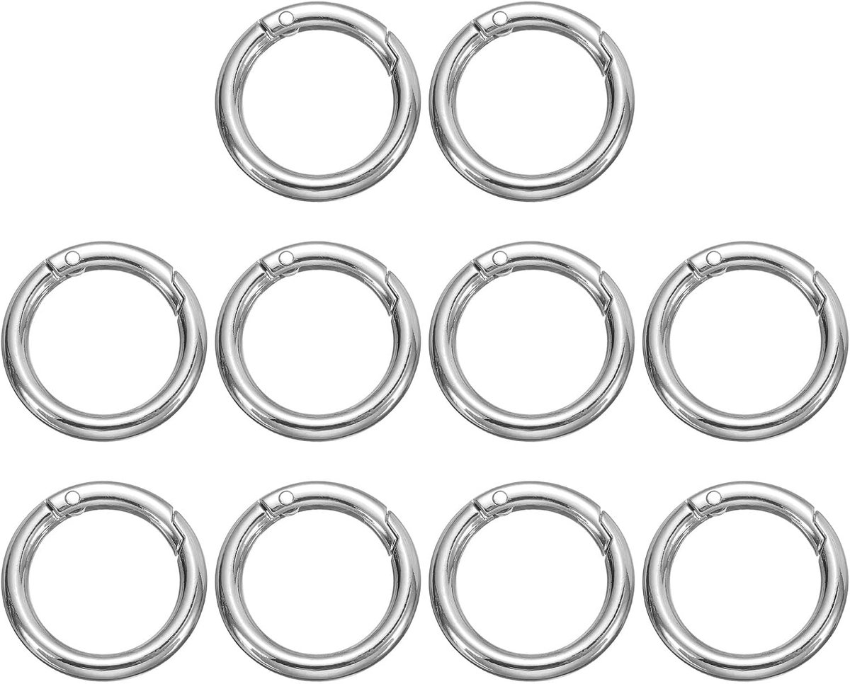 10 stuks Lente O-ringclip, metalen veersluiting, sleutelring, 34 mm, ronde sleutelhanger, kliksluiting, accessoires voor portemonnee, schoudertas, zilver