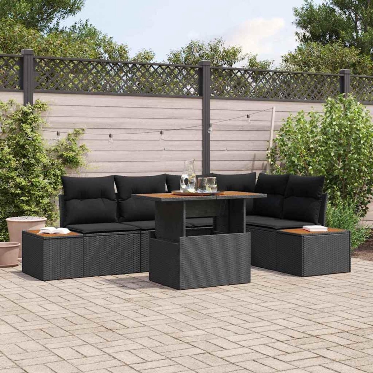 Tuinbankset 6-delig - Zwart Poly Rattan - Modern design - Comfortabele kussens - SnelShoppen