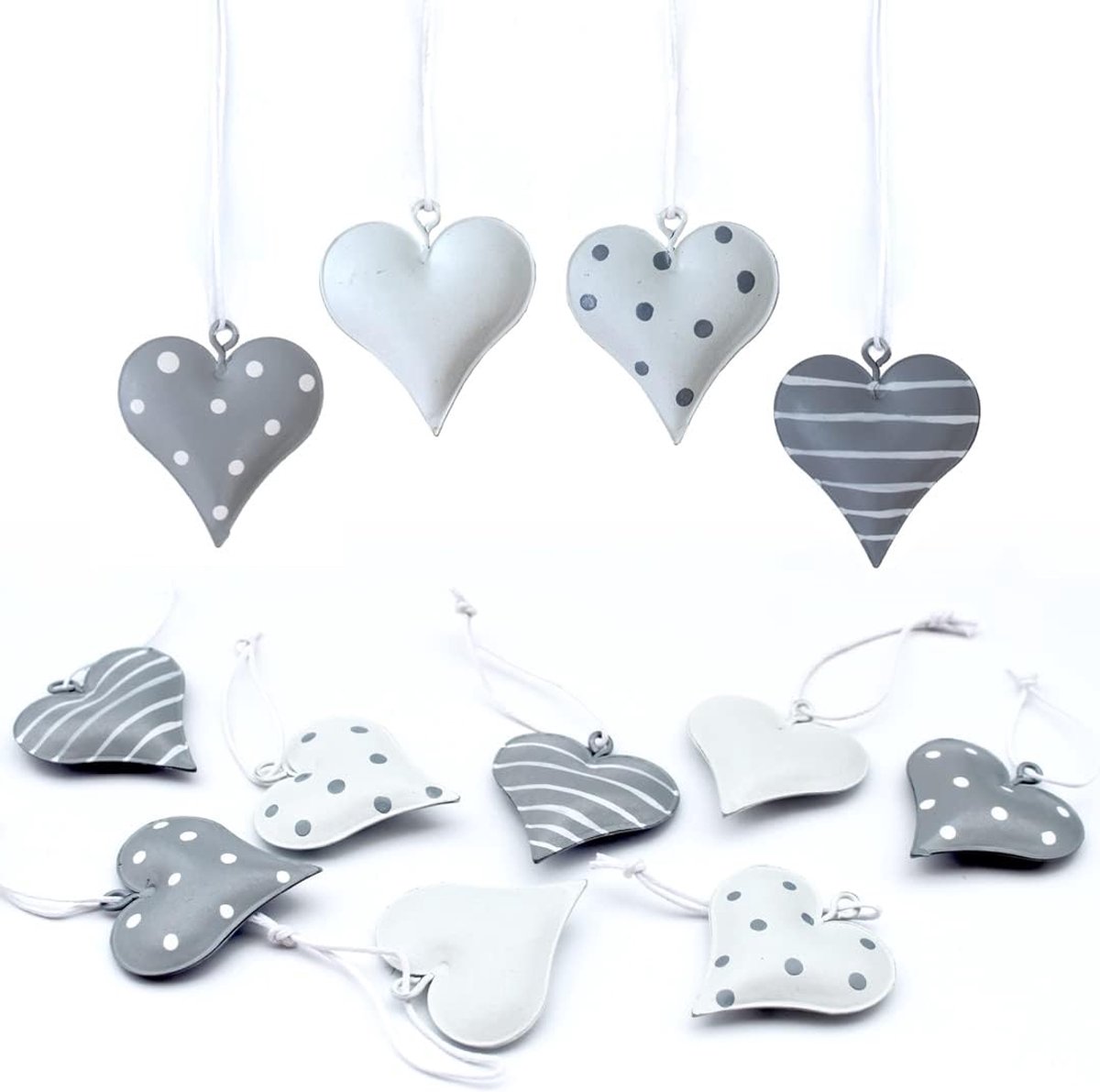 12 x hangers Decoratieve hangers metaal hart decoratie Hangende decoratie (set van 12 grijze en witte harten)