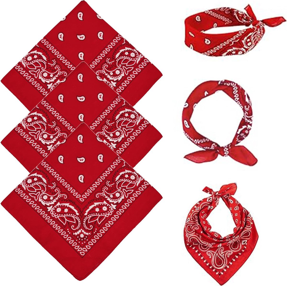 Bandana voor dames en heren, 3 stuks, 55 x 55 cm met paisley-patroon, hoofddeksel, sjaal voor haar, hals, pols, hoofd, stropdas, sjaal, zakdoeken voor dames, heren en kinderen (rood)