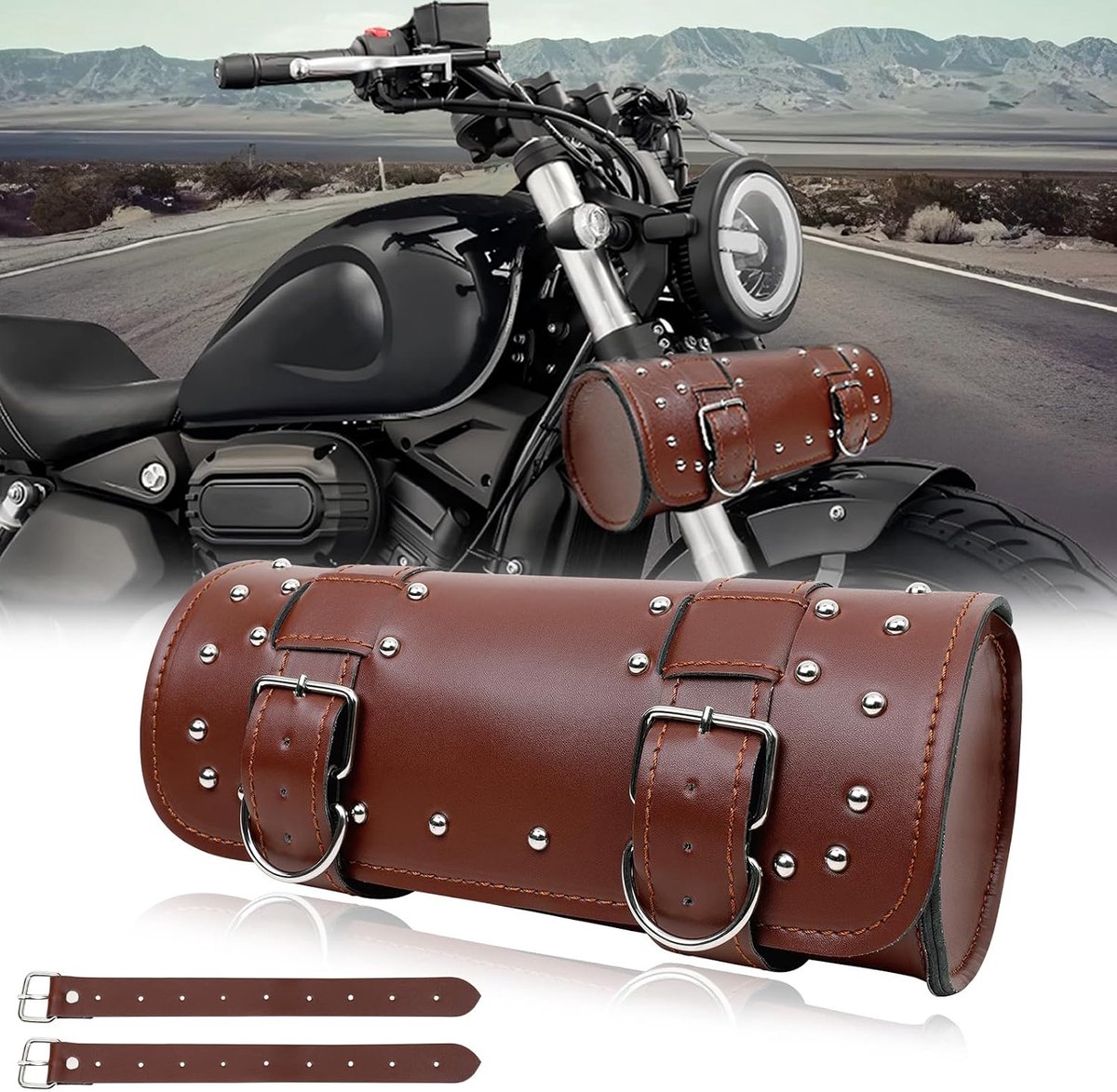 Retro PU-lederen motorgereedschapsrol, zwarte stuurtas, universele gereedschapsrol voor Bobber Cruiser Chopper