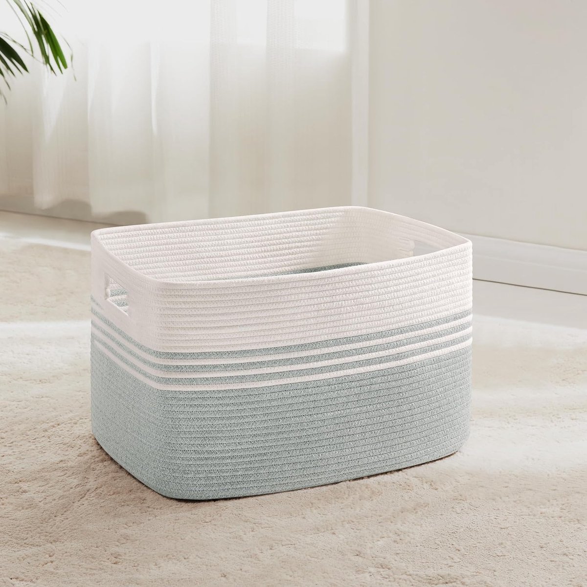 Geweven wasmand van katoenkoord, 45L, opbergmand met handvatten, voor dekens, kleding, speelgoed, wasmand voor kinderkamer of woonkamer, 45x35x27 cm, wit en lichtgroen