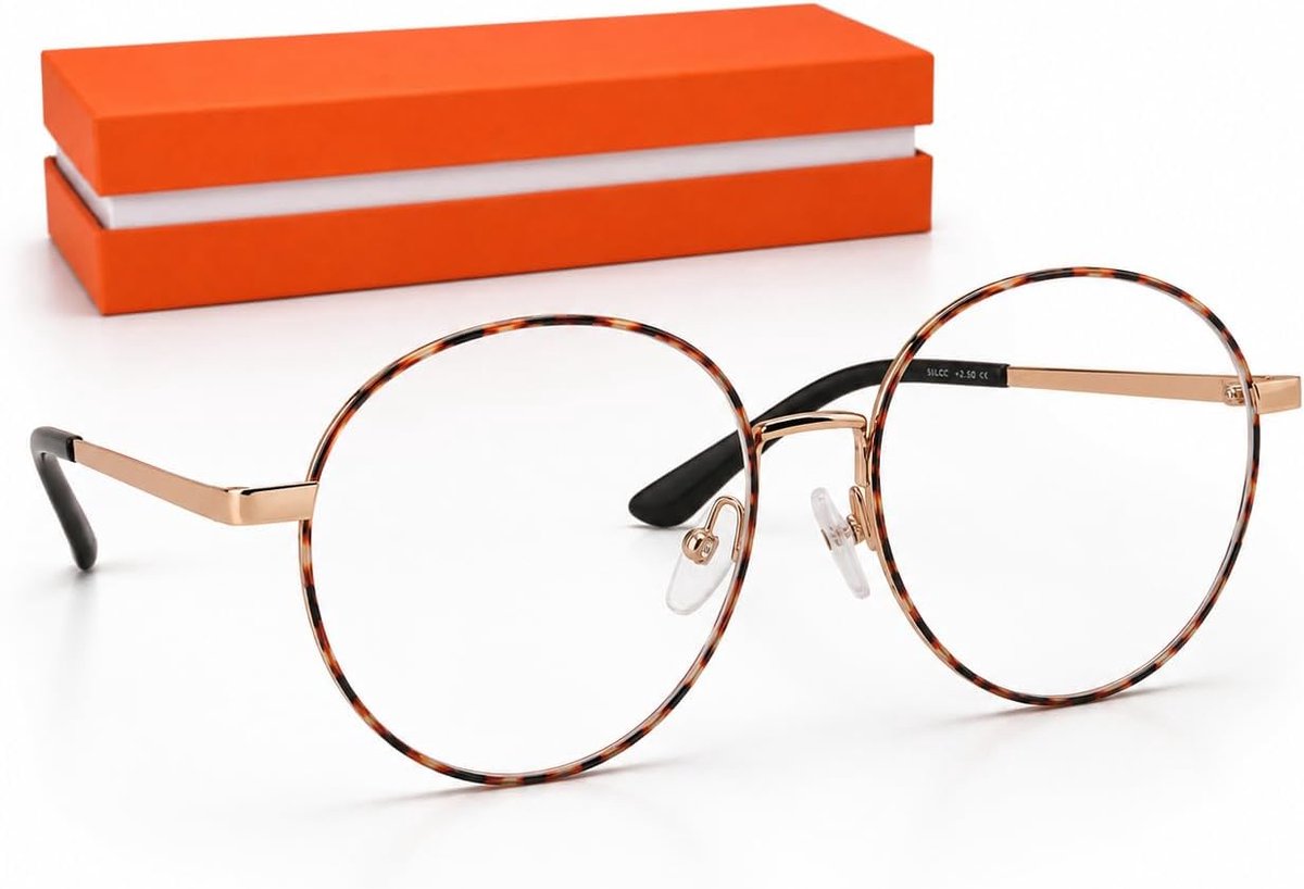 - 7817 - Leesbril met blauwlichtfilter voor dames - +1,00 tot +3,50 | Goudkleurig metalen schildpad montuur – Etui inbegrepen – Bescherming voor scherm en smartphone