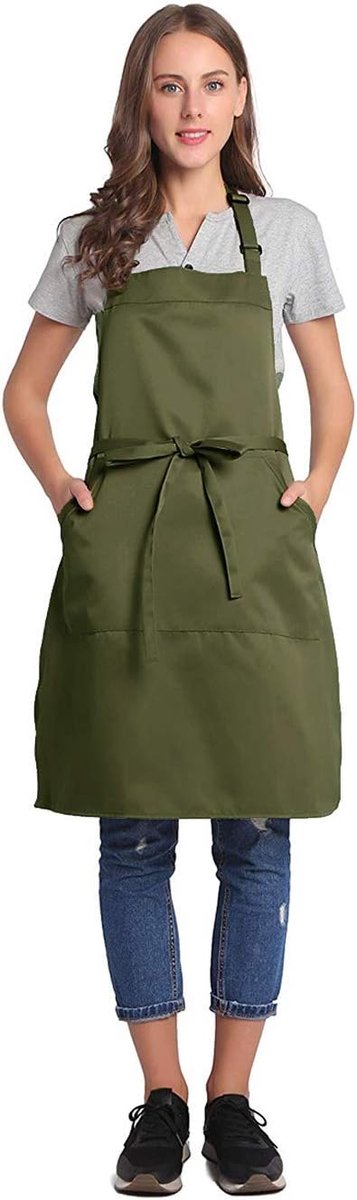 Verstelbaar schort met zak, extra lange bandjes voor dames en heren, 18 kleuren, voor kok, keuken, thuis, restaurant, café, koken, bakken, tuinieren, Bronsgroen, XL