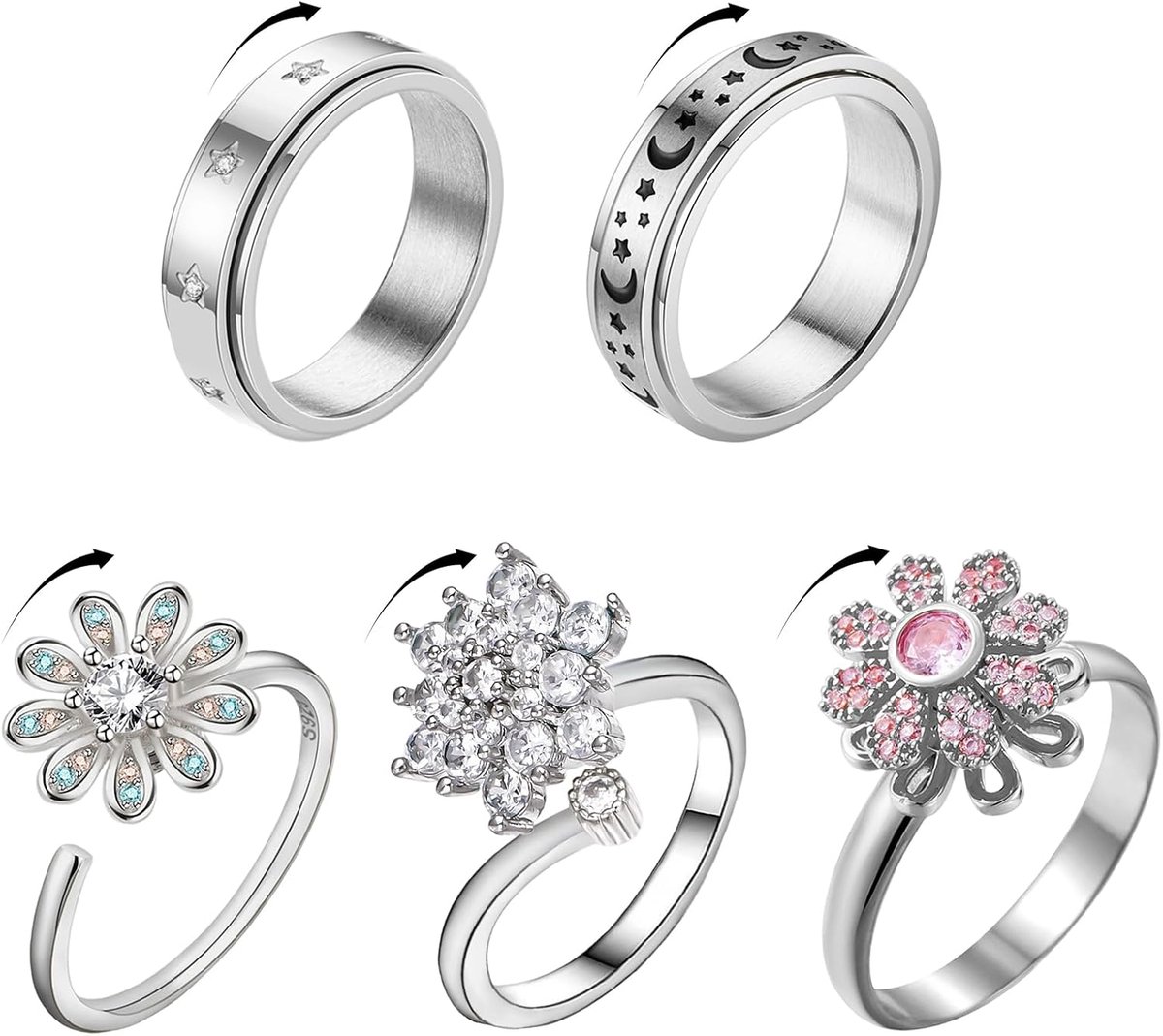 Ringen, draaibare ring voor stress, fidget draaibaar, angstspinner, stapelbaar, verstelbare zilveren ringen, geschenken voor vrouwen en meisjes