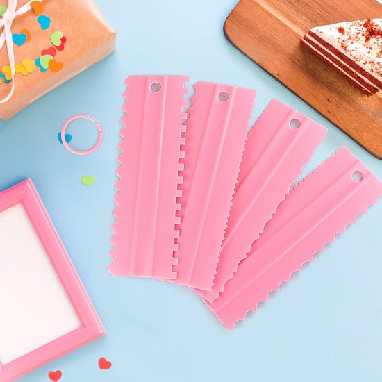 4 stuks crème schraper botercrème gladder kunststof taartschraper gladde taartspatel voor botercrème en glazuur gladder doe-het-zelf texturen bakgereedschap (roze) — afbeelding 4