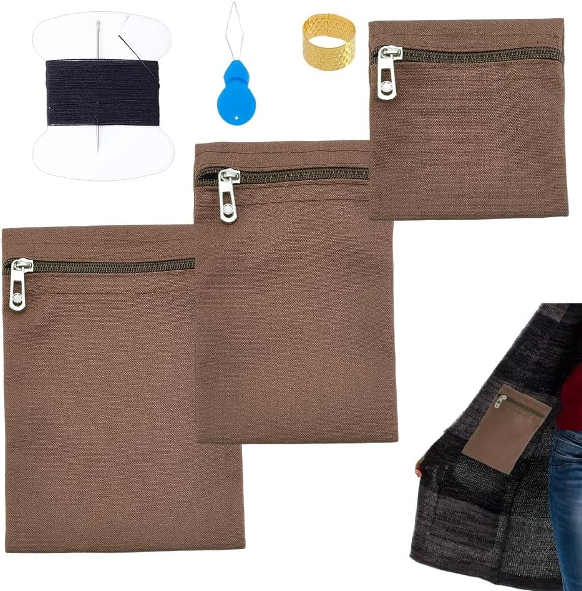 Ingenaaide zijzak met ritssluiting, rechthoekige binnenzakken, set voor jassen met naaigaren en naalden voor jassen, capuchontruien en sweatshirts, zadelbruin