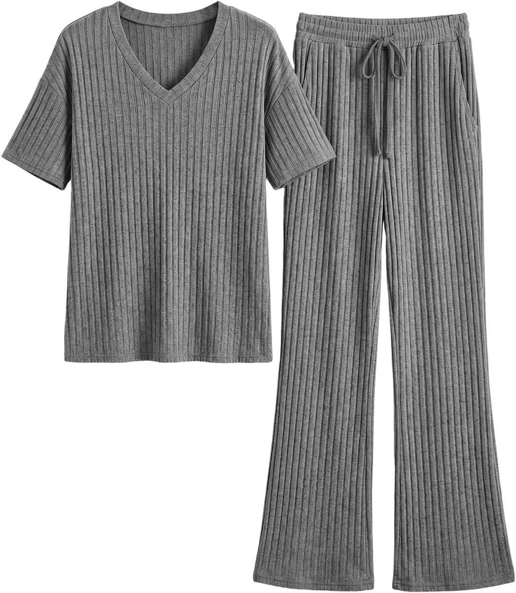 Dames trainingspakken 2-delige loungewear outfits sets zachte geribbelde V-hals korte mouwen tops en wijde pijpen broek elastische taille broek met zakken casual pyjama loungewear set