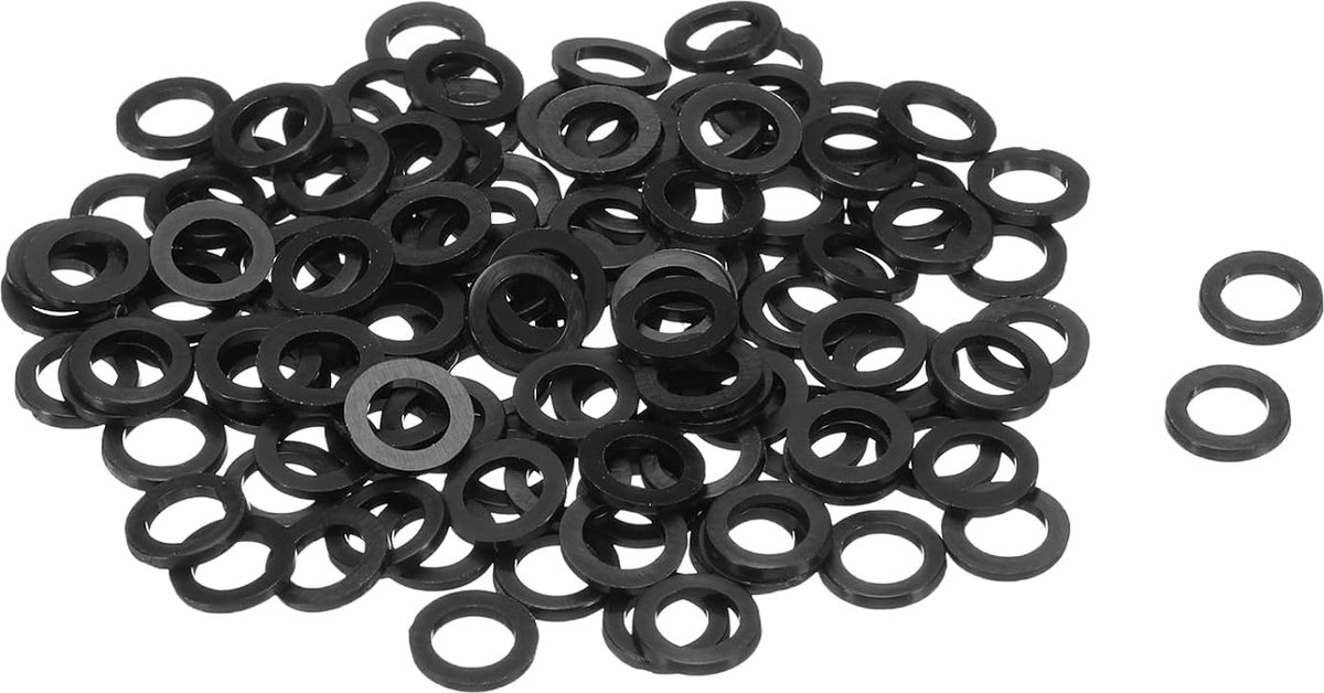 Platte sluitringen van nylon, M5, 5 mm, diameter 8 mm, dikte 1 mm, gladde sluitringen van kunststof, afdichtring, zwart, 120 stuks