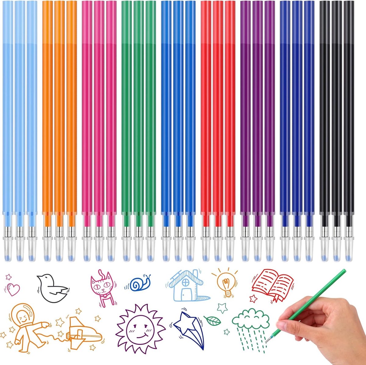 Navullingen met thermogevoelige inkt - 9 kleuren, 27 stuks, 13 cm, kunststof, kleurrijk, uitwisbare reservevullingen, compatibel met Legami, punt 0,7 mm, kleurrijke reservevullingen voor